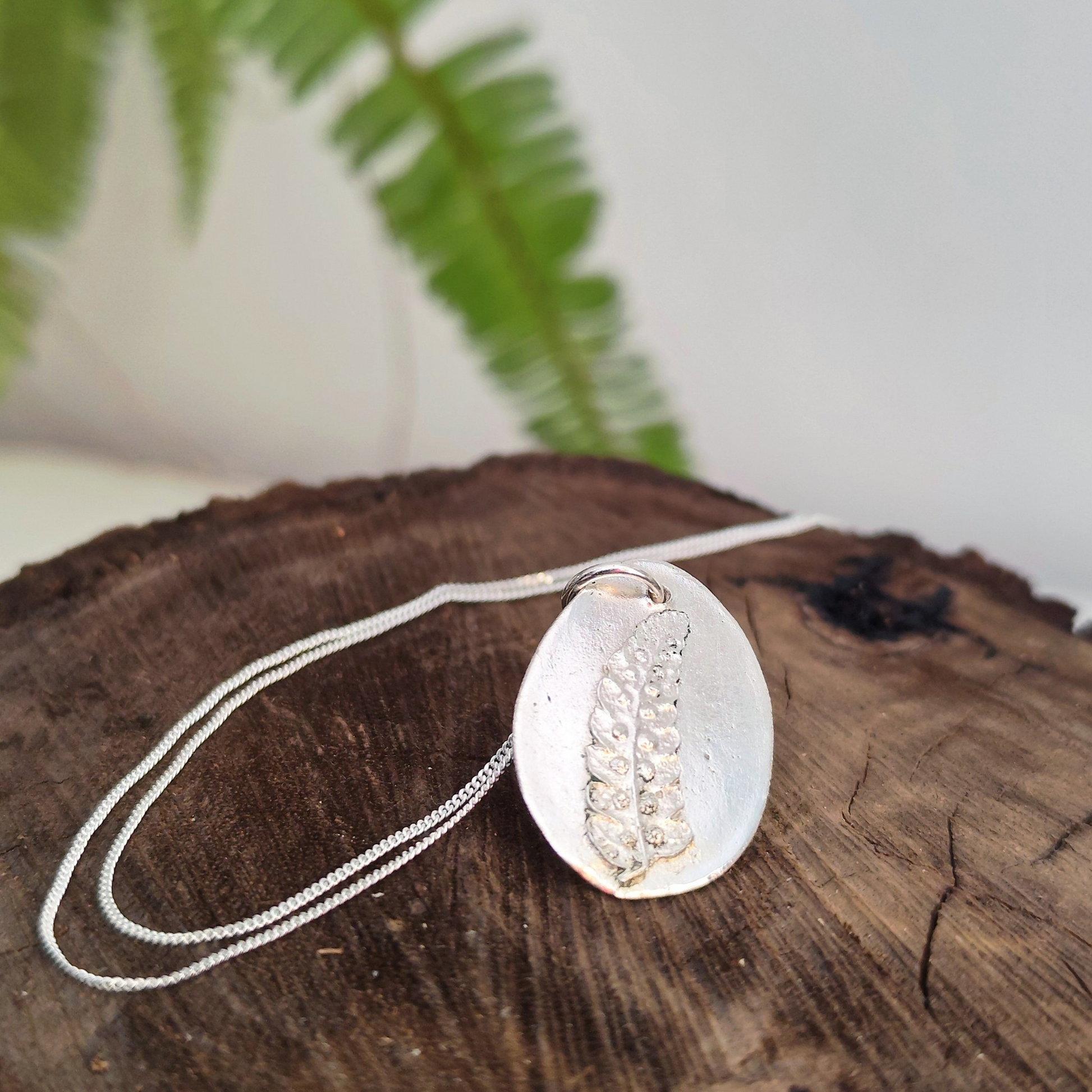 colgante de plata con huella de hoja de helecho en relieve y cadena fina
