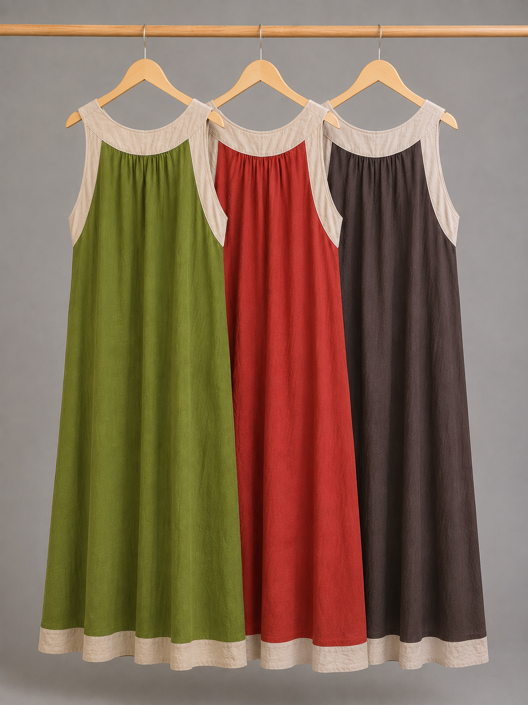 Vestido Callao en sus tres colores disponibles: verde manzana, terracota y marrón chocolate
