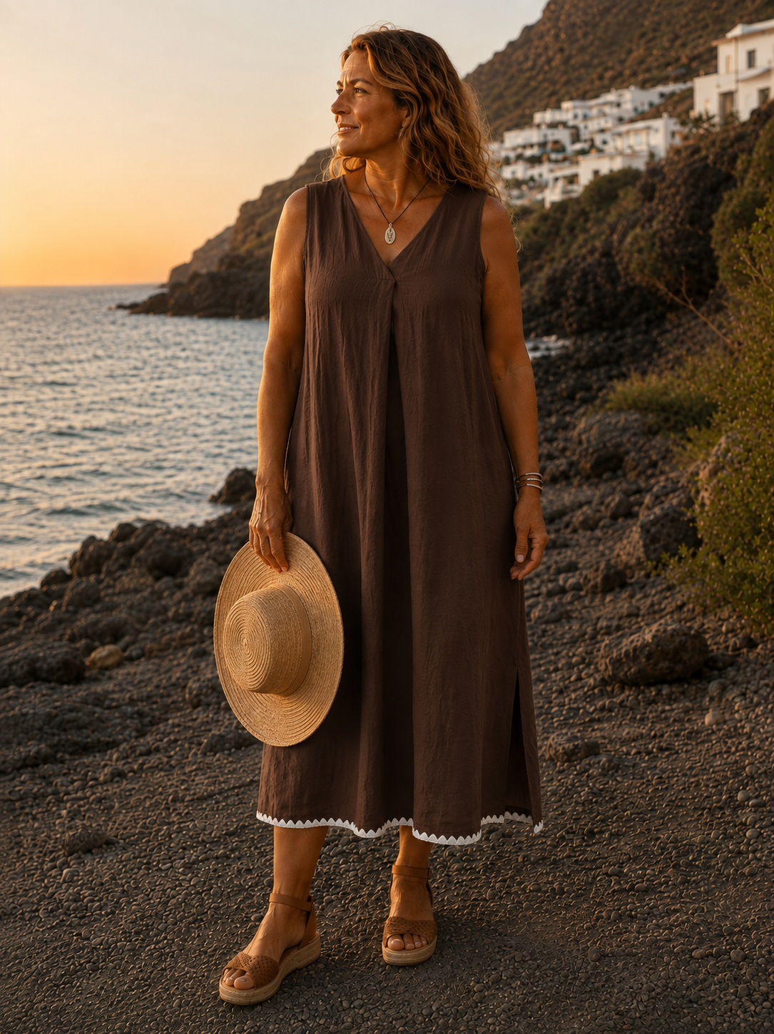 Vestido Garoé marrón chocolate de la colección Esencia, modelo en paisaje costero de La Gomera
