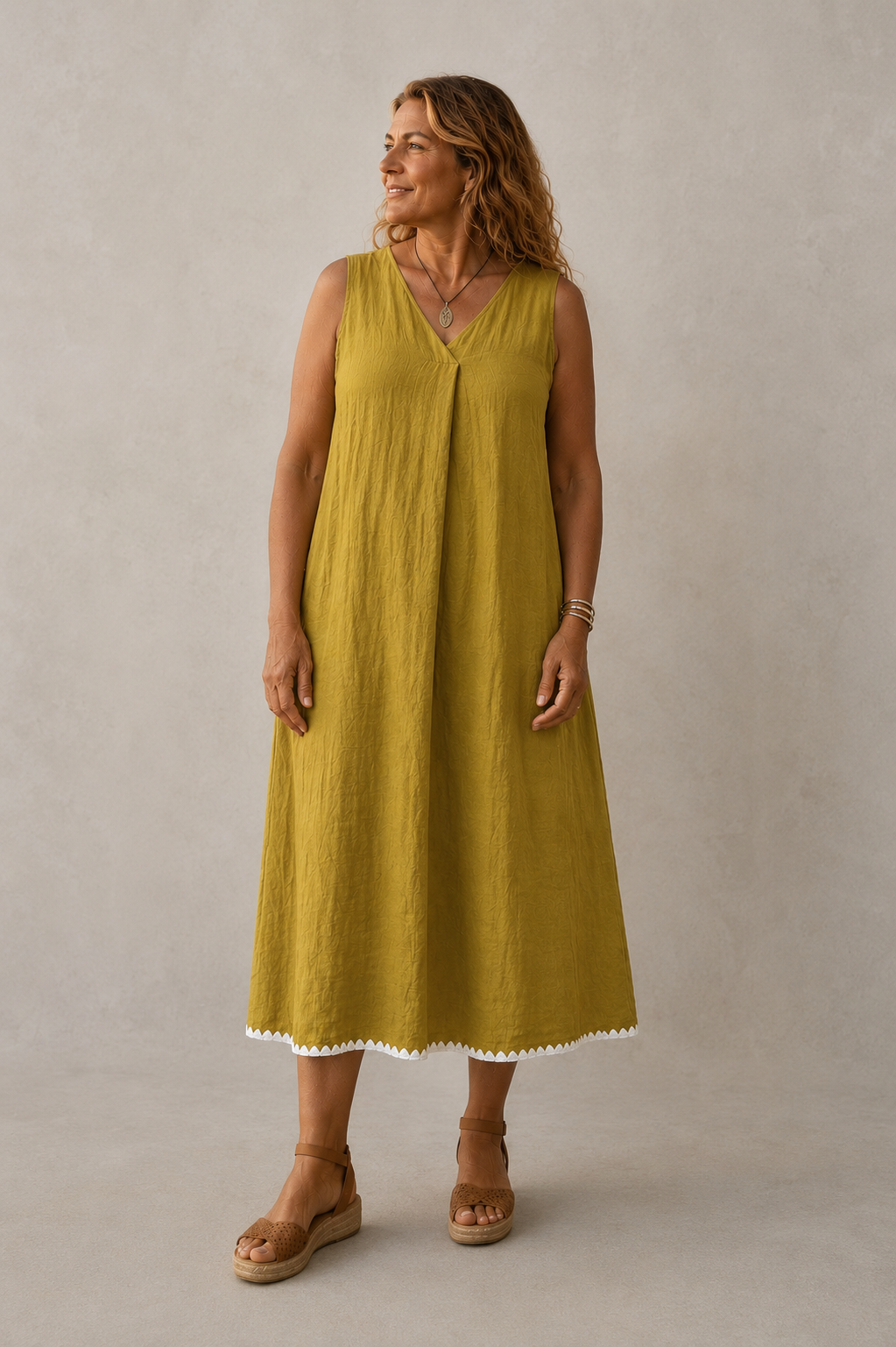 Vestido Garoé verde oliva de corte recto y fluido, vista frontal